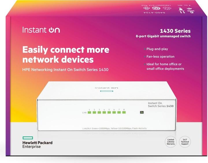 Image du produit HPE Aruba Instant On 1430 8G, Unmanaged, L2, Gigabit Ethernet (10/100/1000) (8 Ports)