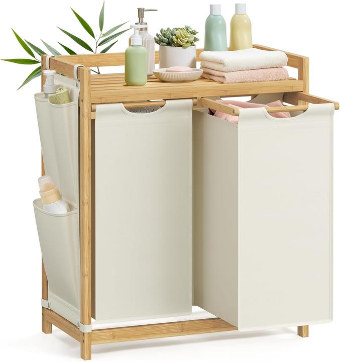 Songmics Wäschekorb Bambus 2 Fächer Cremeweiss (100 l)