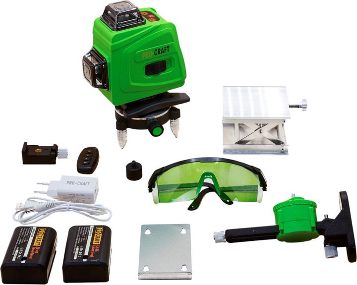 Akkus, Bodenplattform mit höhenverstellbarer Konstruktion, Fernbedienung, Halterung mit Fahr-/Schiebeplattform und Aufsatz für Profile, Ladegerät, Laser-Schutzbrille, Stativ-Adapter, Transportkoffer