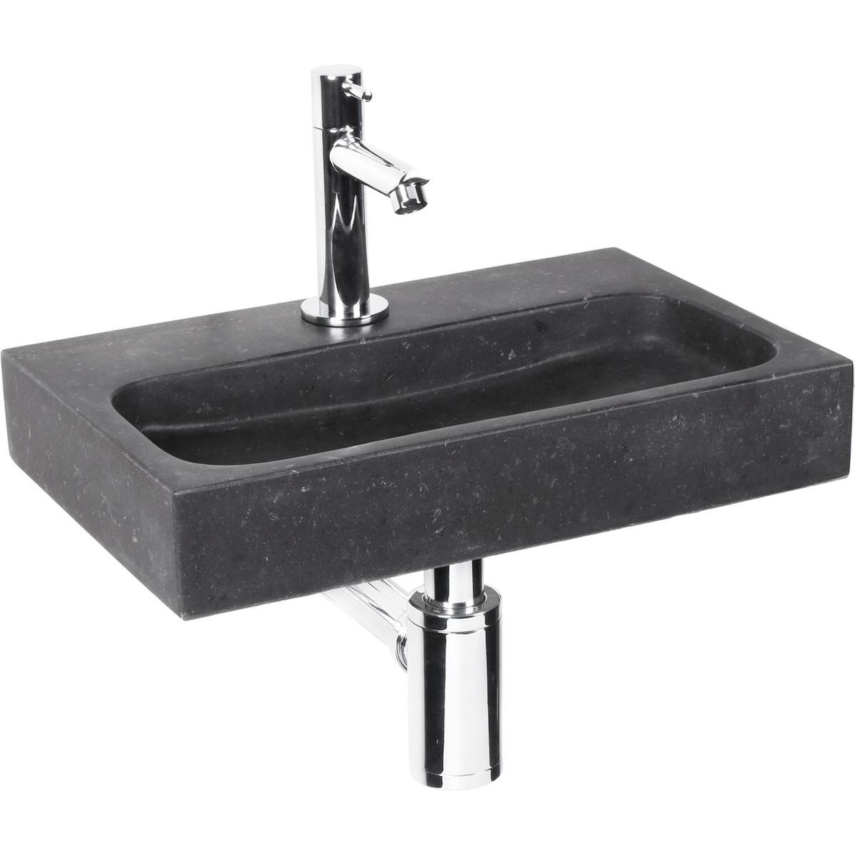 Differnz, Lavandino, Tariffa Flat Small Fonteinset - Wasbak Natuursteen - Zwart - Rechte Kraan - Chroom - Standaard (240 mm, 380 mm)