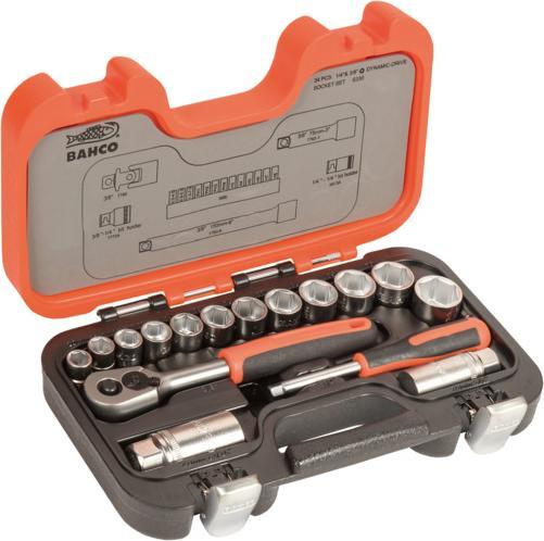 Produktbild Bahco 1/4"- und 3/8"-Steckschlüssel-Satz, metrisch, Sechskant, inklusive Umschaltknarre - 34-teilig
