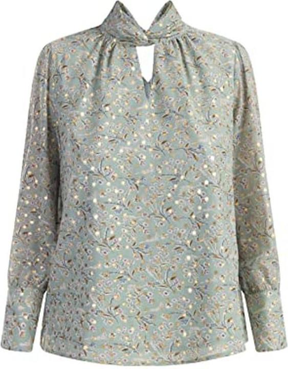 Actual product image Nelice Women's Blouse with Allover Floral Print, Gold Dots, Draped Stand Collar and Cut-Out (XL)