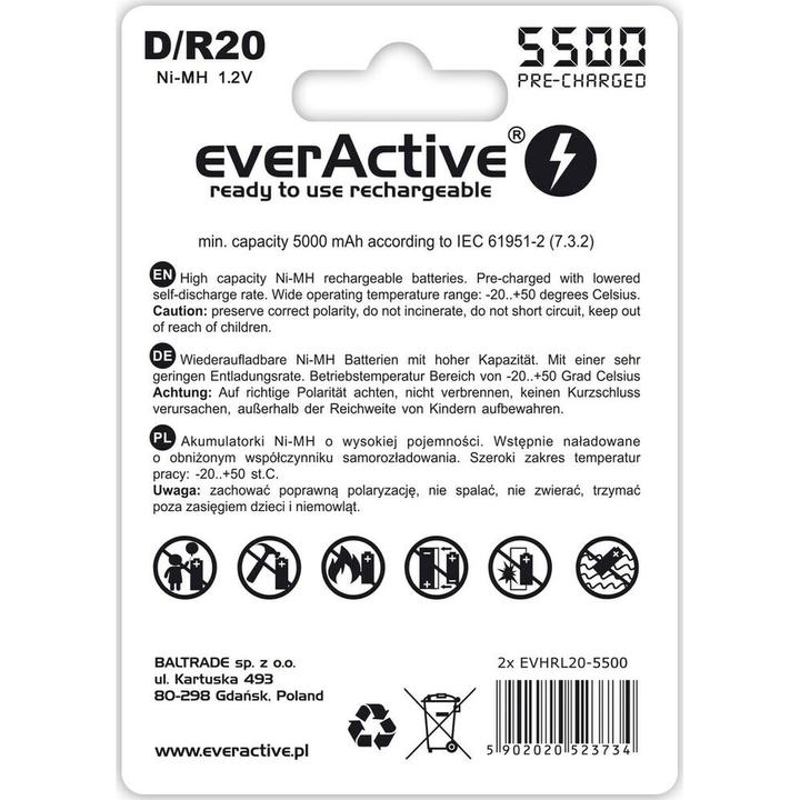 Image du produit Everactive Rechargeable batteries R20/D Ni-MH 5500 mAh ready to use - Batterie - Mono (F) (2 pcs, D, 5500 mAh)
