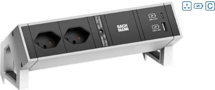 Bachmann DESK2 2xUK 1xUSB A/C 22W 1xCM 0,2m GST18 INOX (2 x, BS 1363, CEE 7/3, 0.20 m)