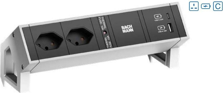 Produktbild Bachmann DESK2 2xUK 1xUSB A/C 22W 1xCM 0,2m GST18 INOX (2 x, BS 1363, CEE 7/3, 0.20 m)