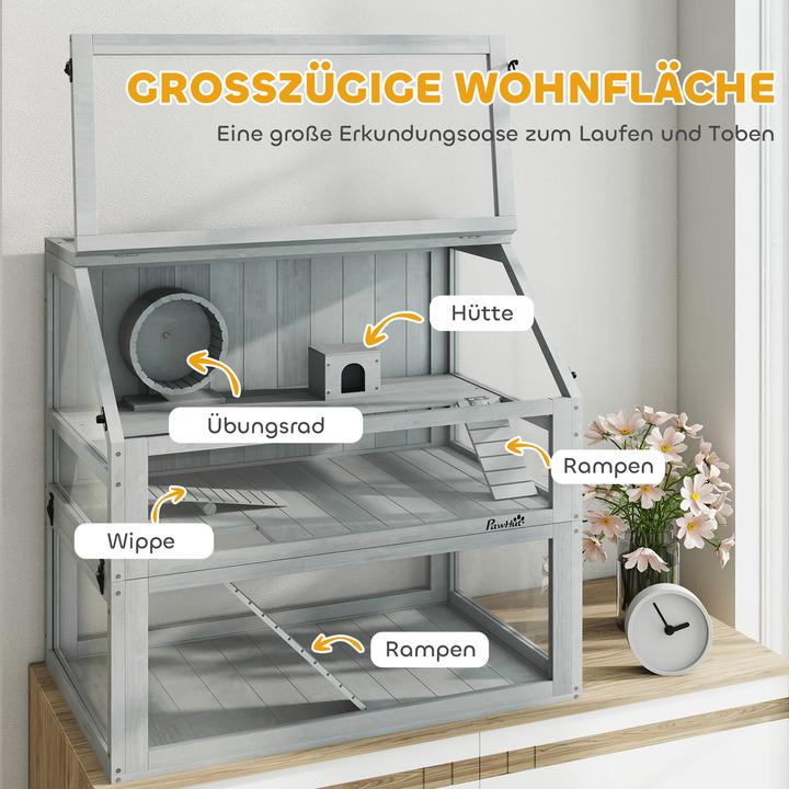 Image du produit PawHut Hamsterkäfig Tannenholz, Acryl Hellgrau