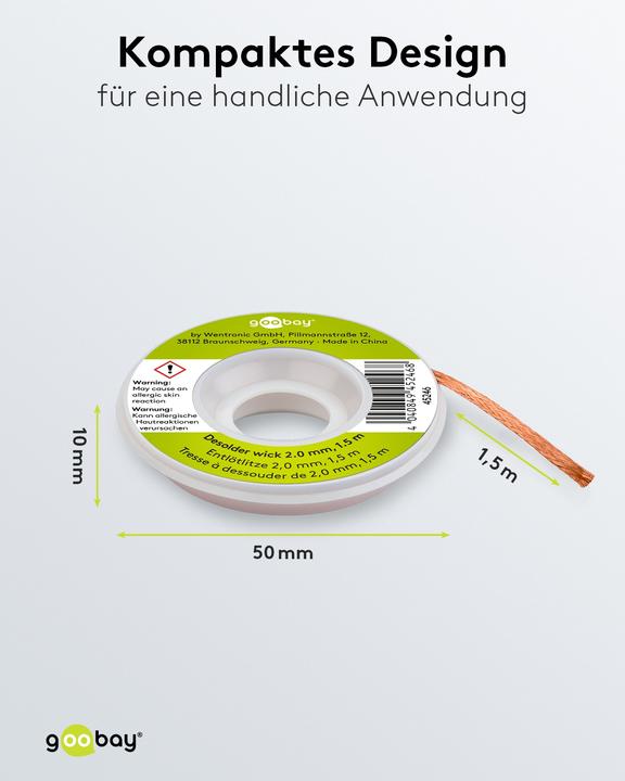 Image du produit Goobay Tresse à dessouder 2 mm pour enlever l'étain de soudure aux points de soudure 1,5 m (tresses à dessouder)