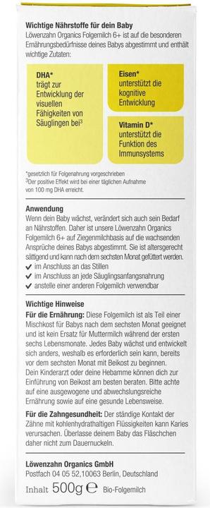 Nährwerte und Zutaten Löwenzahn Organics Bio Folgemilch auf Ziegenmilchbasis (500 g, ab 6 Monaten)