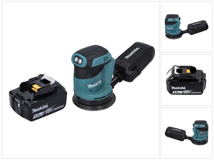 1x Makita DBO 180 Akku Exzenterschleifer, 1x Schleifpapier, 1x Staubsammelaufsatz, 1x Makita BL 1850 B 18 V 5,0 Ah Akku, ohne Ladegerät