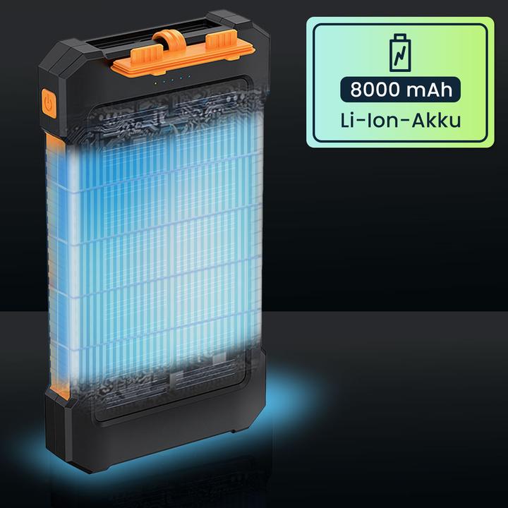 Actual product image Ideoon Solar-Powerbank, 8.000 mAh, IP65, 2x USB-A, Typ-C-Input, LED-Leuchte (8000 mAh)