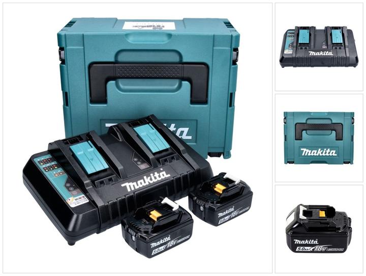 1x Makita DC 18 RD dubbele snellader 14,4 V - 18 V LXT, 2x Makita BL 1850 B 18 V 5,0 Ah accu, 1x Makita Makpac koffer, 1x universeel inzetstuk