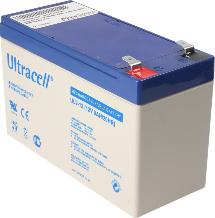 Ultracell UL9-12 12V 9Ah 6,3mm Faston Piombo Batteria AGM Piombo Gel (12 V, 9 Ah)