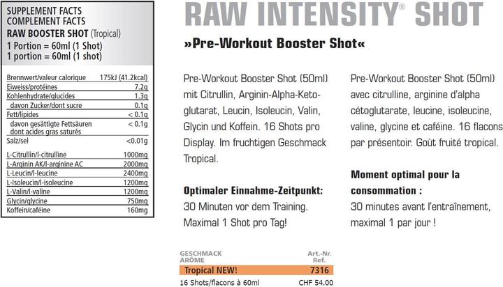 Nutritional values and ingredients All Stars Raw Intensity Booster Shots (1 x 6 cl)