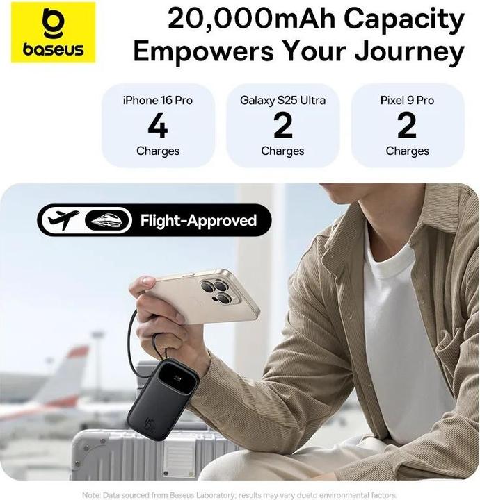 Immagine prodotto Baseus EnerFill FC31 20000mAh 45W Powerbank mit Display, USB-C- und Lightning Kabeln – Schwarz (20000 mAh, 45 W)