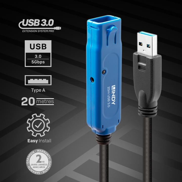 Image du produit Lindy 20m USB 3.0 Extension active Pro Connexions USB 3.0 jusqu'à 40m (20 m, USB 3.0)