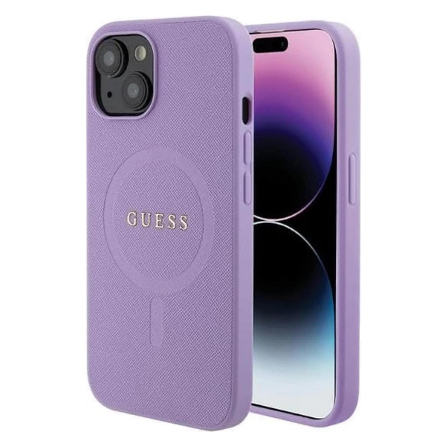 Guess GUHMP15MPSAHMCU IPhone 15 Plus 6.7" Fioletowy/purple Hardcase Saffiano MagSafe (Apple IPhone 15 Plus), Smartphone Hülle, Violett