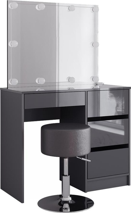 Korpus: Anthrazit, Tischplatte: Anthrazit, matt Front, hochglänzend Einlegeboden: Weiss Spiegel: Weiss Hocker: Schwarz LED-Lichterkette: Weiss