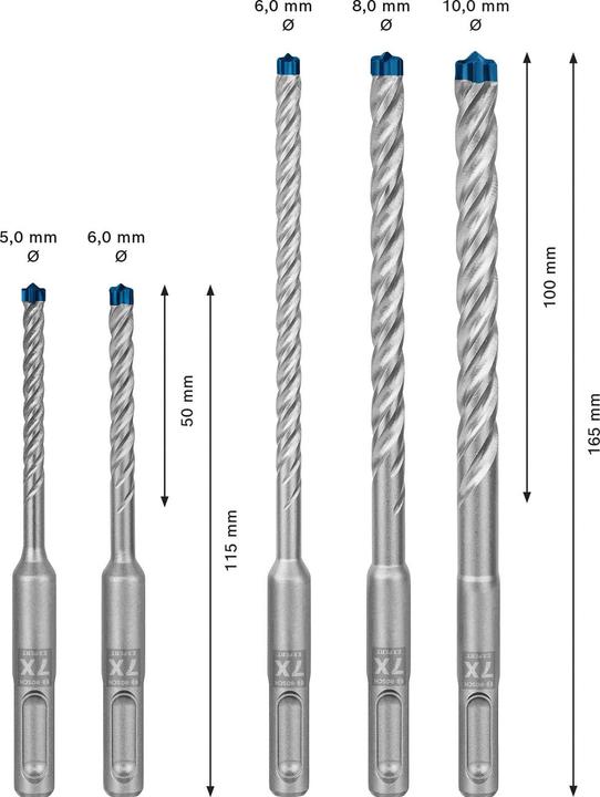 Bosch Professional Zubehör EXPERT SDS plus-7X Hammerbohrer-Set, 5/6/6/8/10 mm, 5-tlg. (Ø 8.0 mm, 6.0 mm, 5.0 mm, 10.0 mm)
