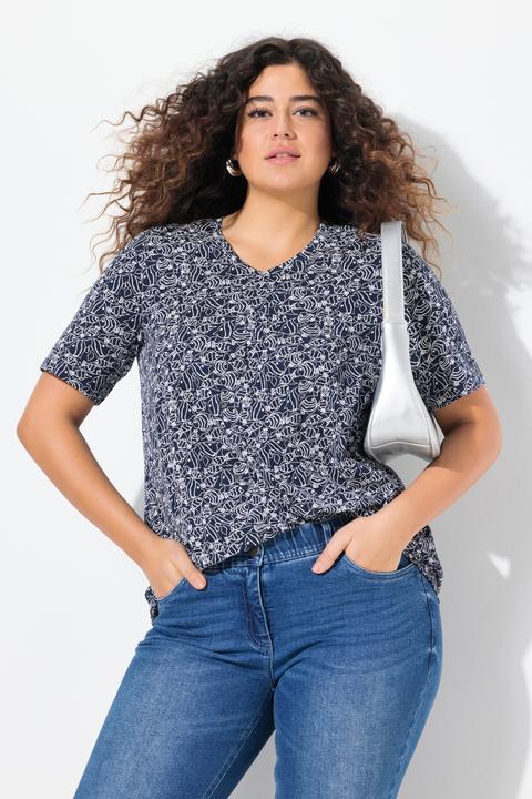 Produktbild Ulla Popken T-Shirt, Fische, Zierfalten, V-Ausschnitt, Halbarm (46, 48)