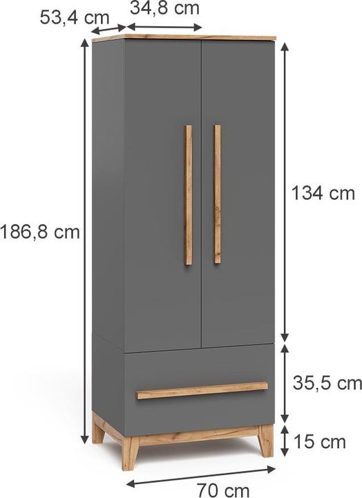 Produktbild VitaliSpa Kinderkleiderschrank Malia, Grau/Artisan, 70 x 186.8 cm (53.40 cm)