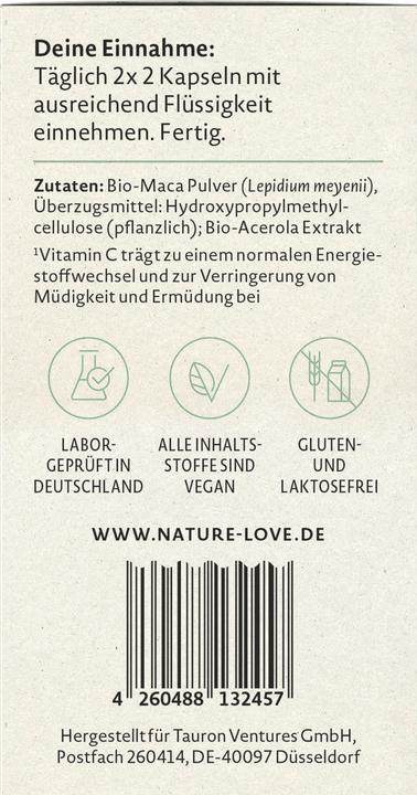 Nährwerte und Zutaten Nature Love Maca (120 Stk., Kapseln, 106 g)