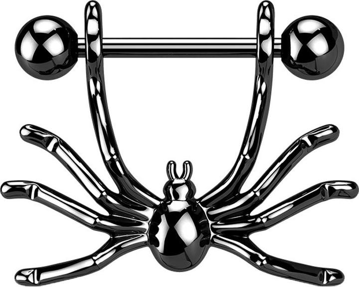 Produktbild Star Piercing Barbell schwarz mit zwei Kugeln Anhänger Spinne (Messing, Chirurgenstahl 316L)
