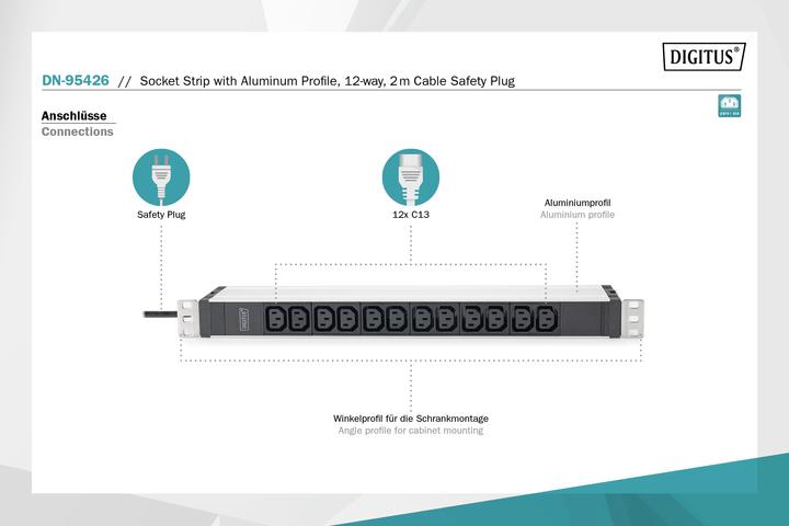 Actual product image Digitus 1U Aluminum PDU rackmountable 12xC13 16A 230VAC 50/60Hz Safety plug