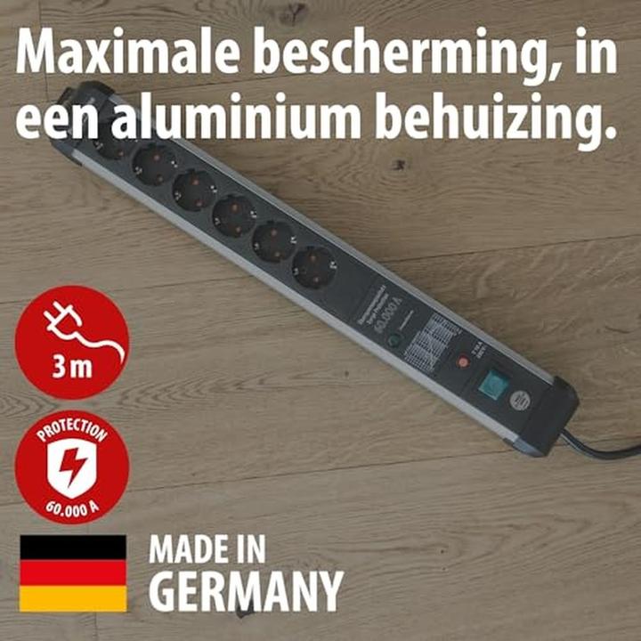 Produktbild Brennenstuhl 1391010600 Steckdosenleiste Aluminium (eloxiert), Schwarz Schutzkontakt 1 St. (6 x, CEE 7/3, 3 m)