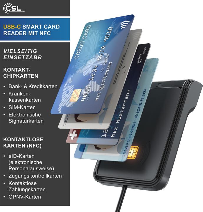 Produktbild CSL Chipkartenleser, SmartCard Reader USB C, NFC, SIM Kartenlesegerät, Personalausweis, Bankkarten uvm. (USB-C)