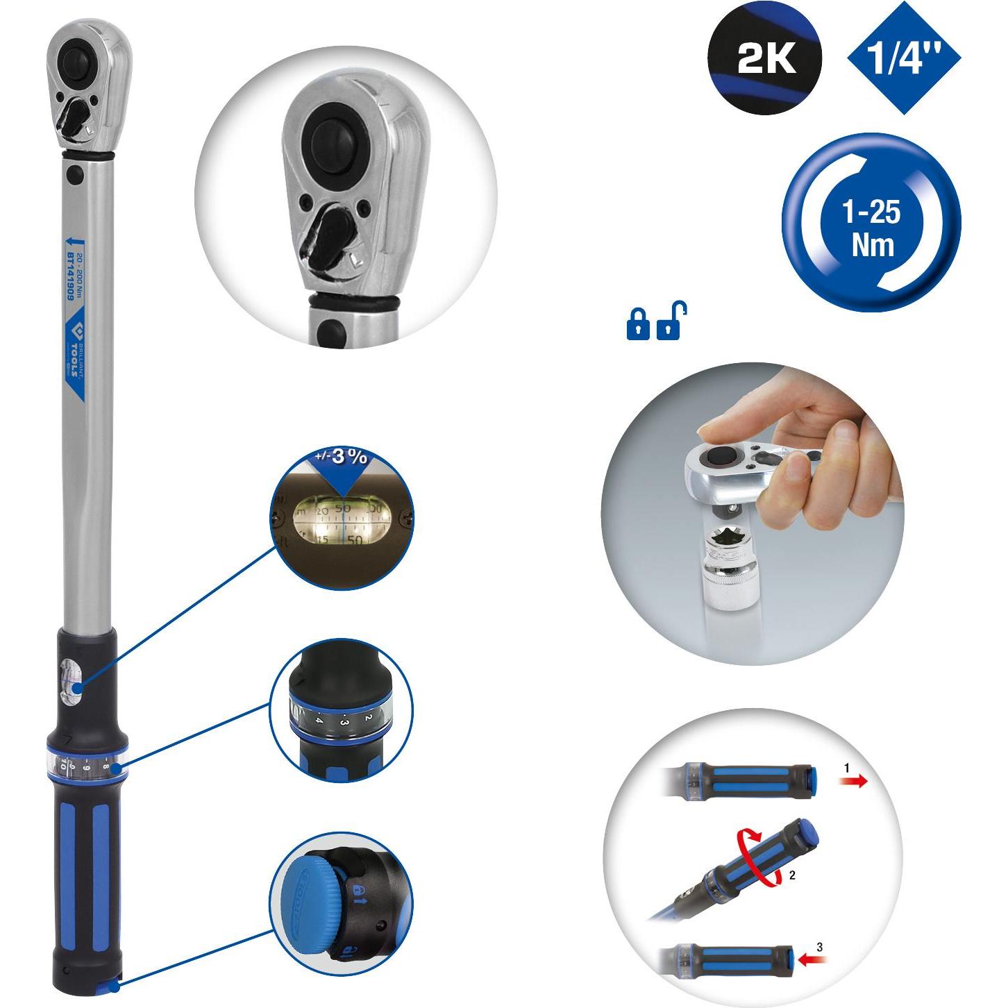 Thumbnail - Brilliant Tools, Drehmomentschlüssel, BT141906 (1/4", 1 Nm, 25 Nm)