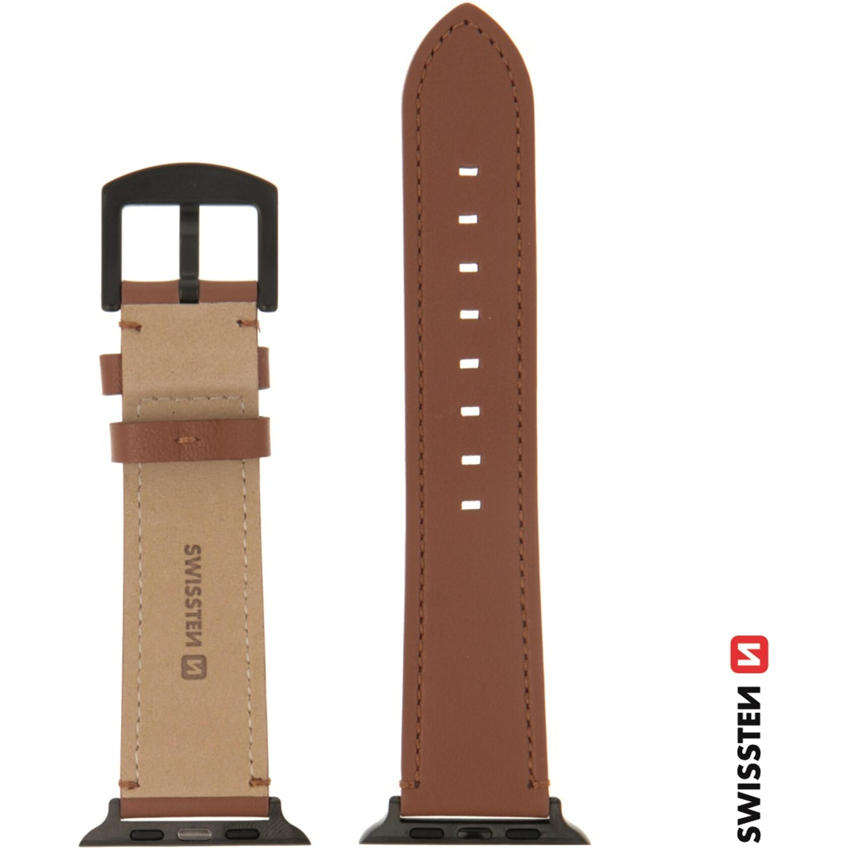 Thumbnail - Swissten Leather Band for Apple Watch 42/44/45/49 mm Brown (Black Buckle and Black Lug) (Leder), Uhrenarmband, Braun