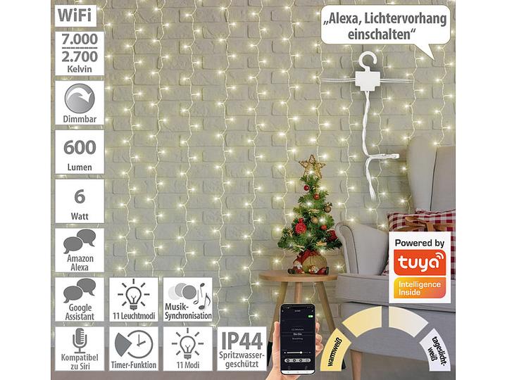 Produktbild Luminea 2er-Set WLAN-LED-Lichtervorhang, 300 LEDs, CCT, App, dimmbar, IP44, 3 x 3 m (3 m)