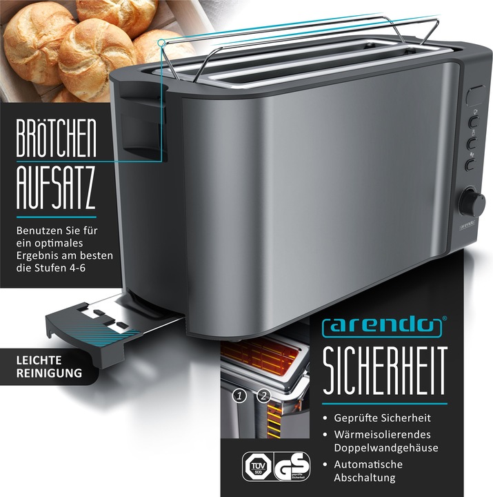 Produktbild Arendo Frühstücks Set, Edelstahl Wasserkocher 1,5l Temperaturwahl & 4 Scheiben Langschlitz Toaster, Grau