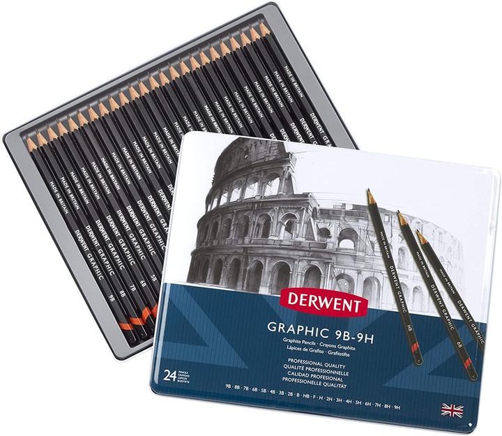 Actual product image Derwent Graphic Pencil Set, 24 Tin (2B, 2H, 3B, 3H, 4B, 4h, 5B, 5H, 6B, 6H, 7B, 7H, 8B, 9B, H, 24x)