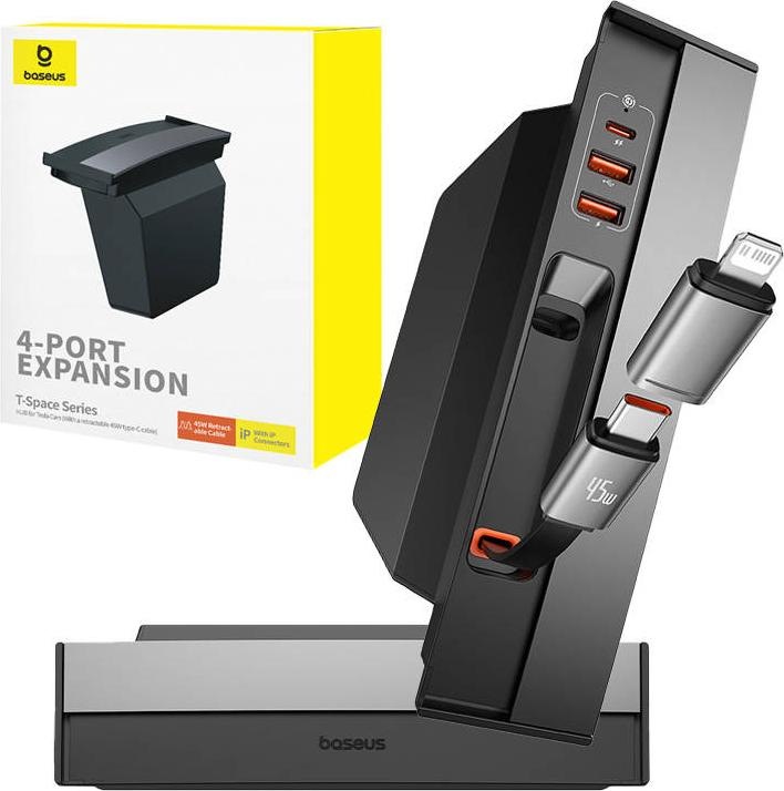 Actual product image Baseus T-Space Series USB HUB for Tesla Model 3 / Y with Built-in 45W USB C Cable - Black
