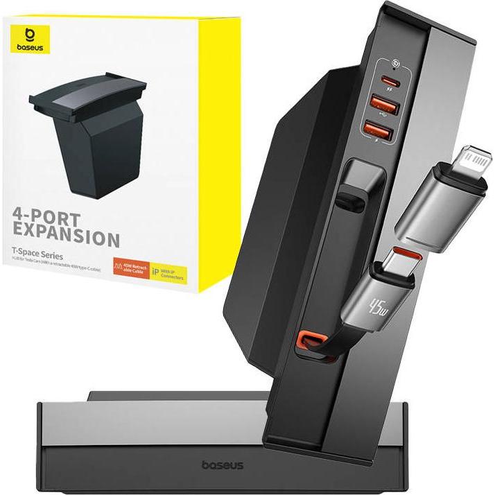 Baseus T-Space Series USB-HUB für Tesla Model 3 / Y mit integriertem 45-W-USB-C-Kabel – Schwarz, Auto Adapter, Schwarz