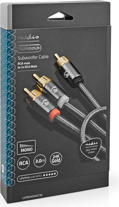 Image du produit Nedis Câble de subwoofer | RCA | 2x RCA mâles | Plaqué or | 3.00 m | rond | 4.5 mm | Gris / Gun Metal (3 m, RCA)