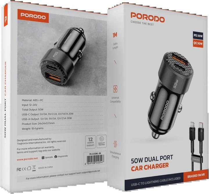 Immagine prodotto Porodo 50W Dual Port Car Charger PD 20W QC 30W with C to L Cable - Black