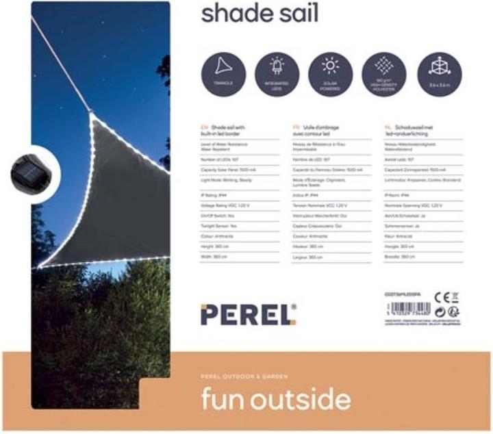 Produktbild Perel SONNENSEGEL MIT LED-BELEUCHTUNG - DREIECKIG - 3.6 x 3.6 x 3.6 m - ANTHRAZIT-GRAU