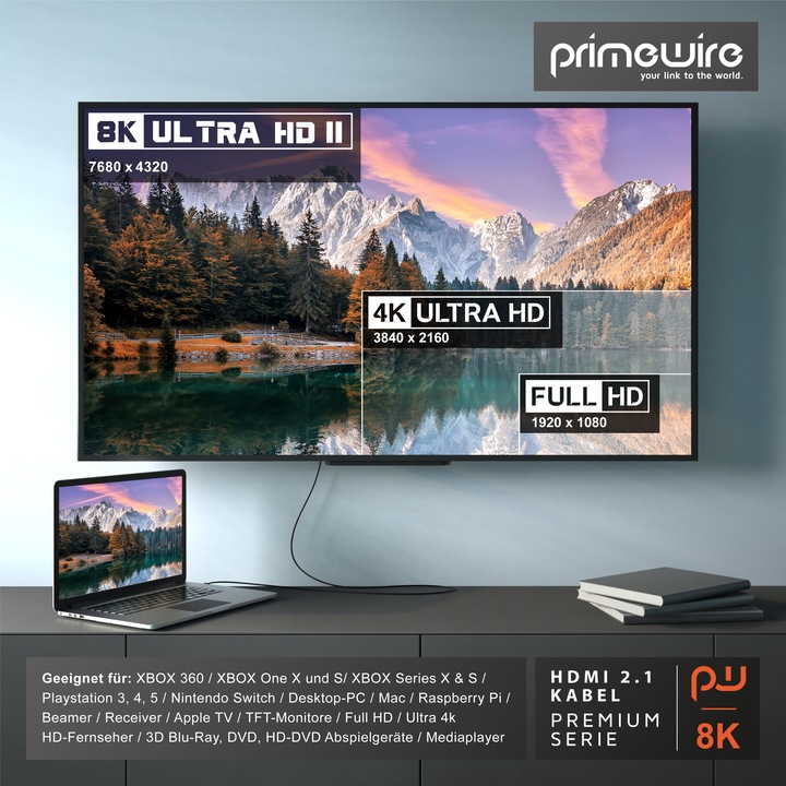 Produktbild Primewire HDMI Kabel 2.1, Typ A, 8k 7680 x 4320 @120Hz 4K @240Hz DSC, 3D, UHD II, HDR-10+, VRR, Dolby Vision (3 m, HDMI)