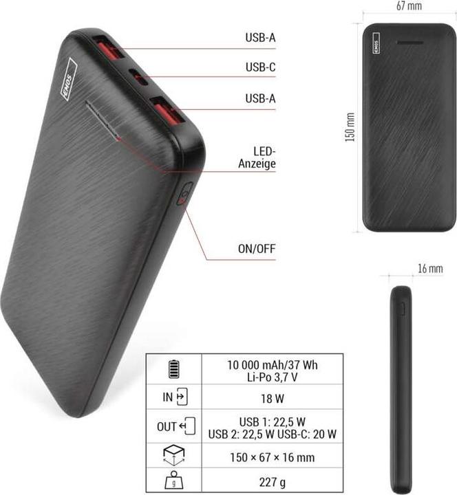 Actual product image Emos Powerbank AlphaQ3, 10 000 mAh, 22,5 W, schwarz (10000 mAh, 22.50 W, 37 Wh)