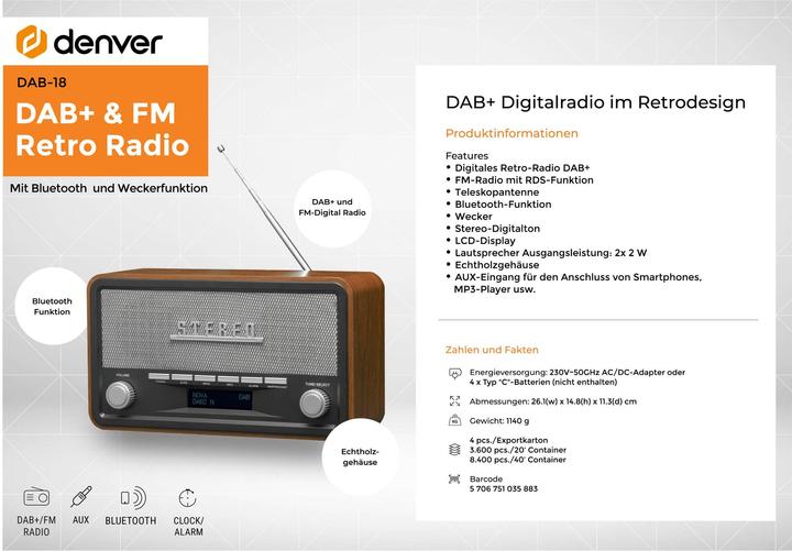 Actual product image Denver DAB-18 (DAB+, FM, Bluetooth)