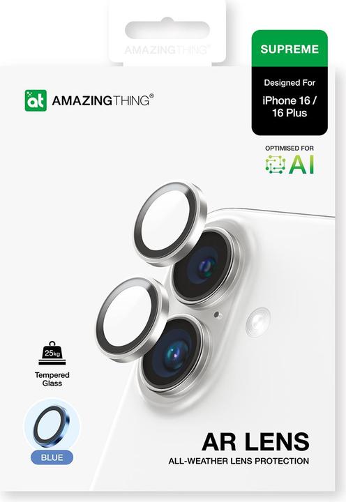 Image du produit Amazingthing AR Aluminium 2 Linsenglas mit Kameralinsenrahmen für iPhone 16 / 16 Plus - Blau (1 pièce(s), Apple iPhone 16)