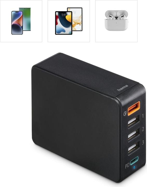 Actual product image Hama Quick charger 5 ports, 1x QC 3.0, 3x USB-A, 1x USB-C PD, 51 W, Black (51 W)