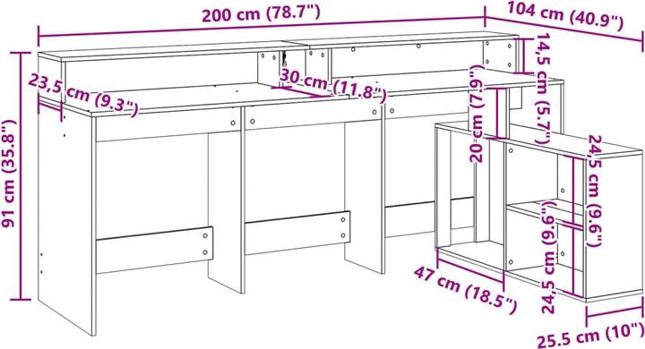 Actual product image vidaXL LED desk Computer desk Work desk Office desk Brown oak look (200 x 104 x 91 cm)
