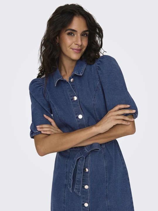 Produktbild Only Normal geschnitten Rundhals Elastische Bündchen Puffärmel Kurzes Kleid Jeanskleid (XL)
