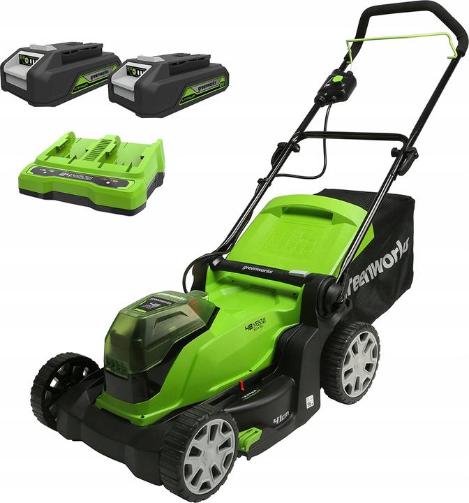 Greenworks G24X2LM41K2x Plaeneklipper 2X24V 41cm - med 2x2Ah batteri og dobbelt lader (Akkubetrieb)