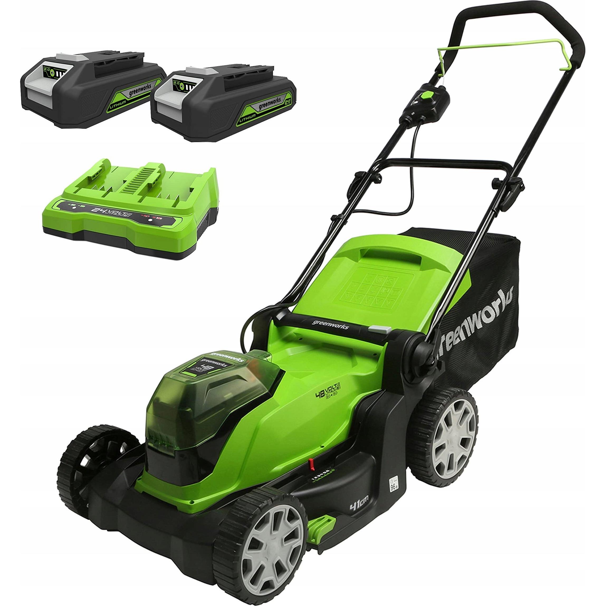 Greenworks, Rasenmäher, G24X2LM41K2x Plaeneklipper 2X24V 41cm - med 2x2Ah batteri og dobbelt lader (Akkubetrieb)