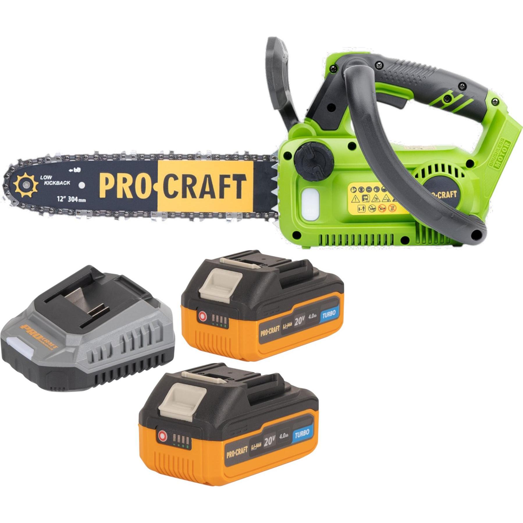 Procraft, Motosega, PKA42Libb Akku Kettensäge 20 V 304 mm Brushless + 2x Akku 4,0 Ah + Ladegerät