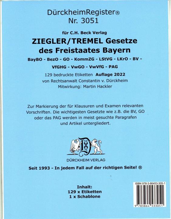 Produktbild DürckheimRegister® ZIEGLER TREMEL Gesetze Freistaat Bayern 2023 (Deutsch, Constantin Dürckheim, Constantin von Dürckheim, Martin Hackler, 2021)